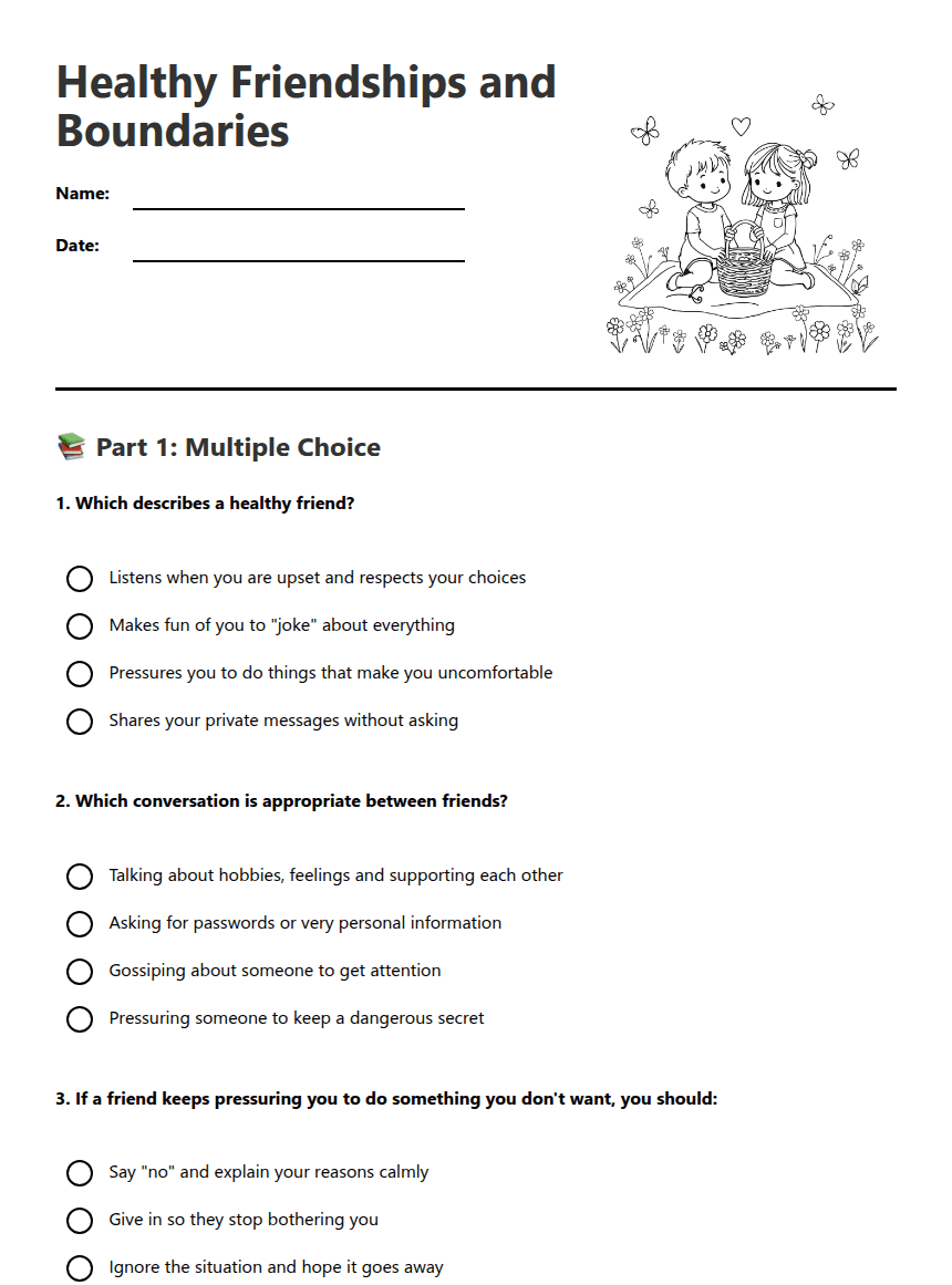Healthy Friendships and Boundaries worksheet preview