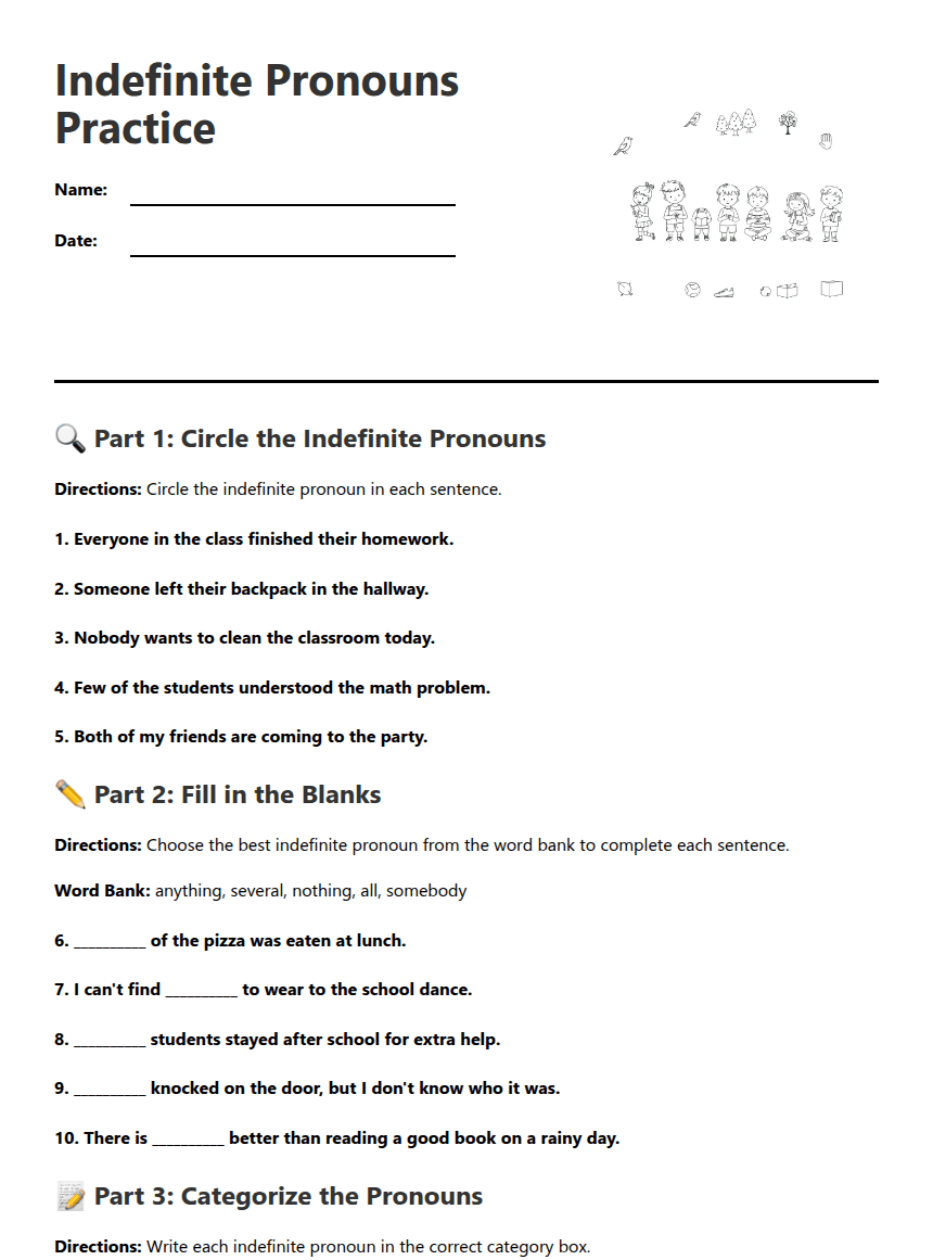 Indefinite Pronouns Practice worksheet preview