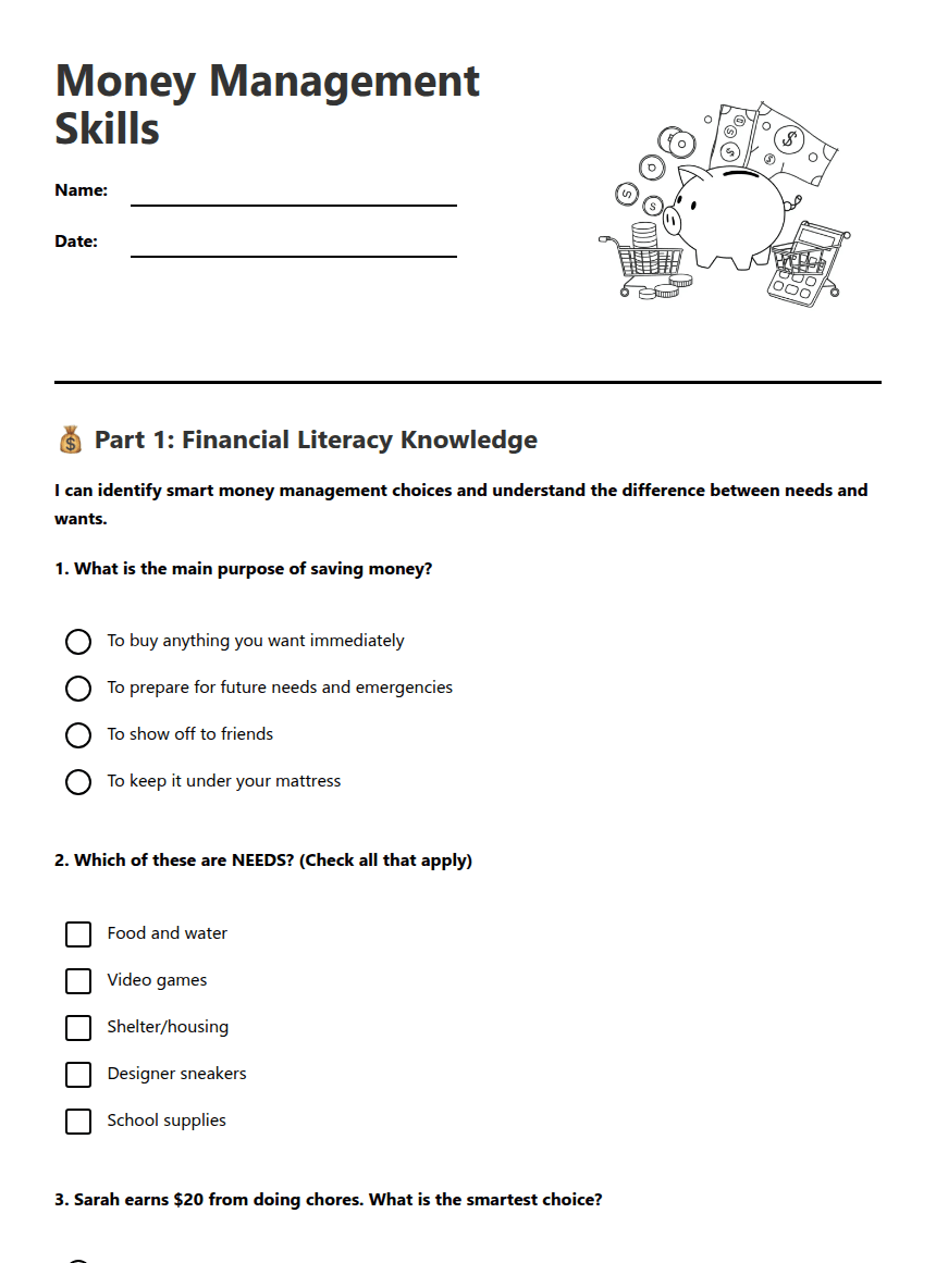 Money Management Skills worksheet preview