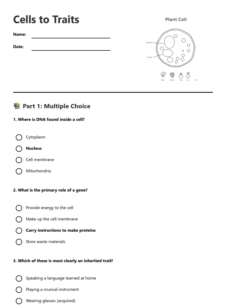 Cells to Traits worksheet preview