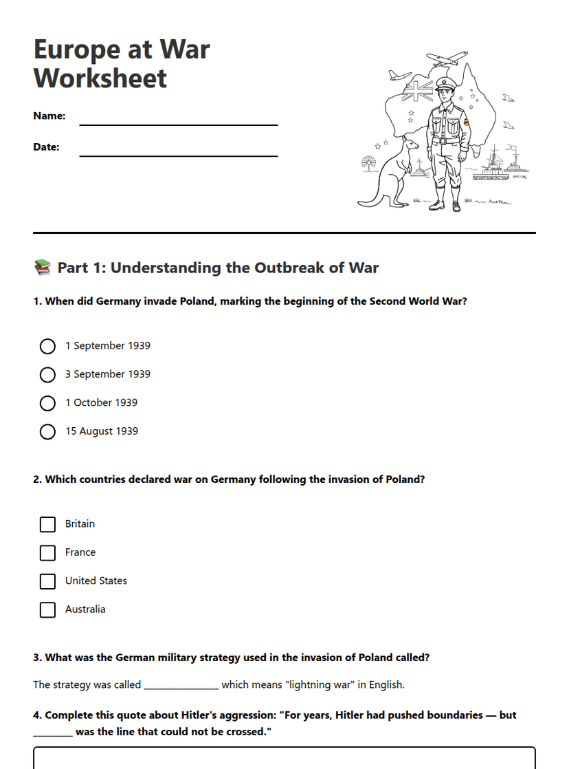 Europe at War Worksheet