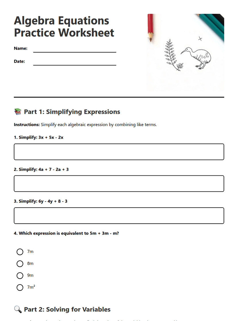 Algebra Equations Practice Worksheet