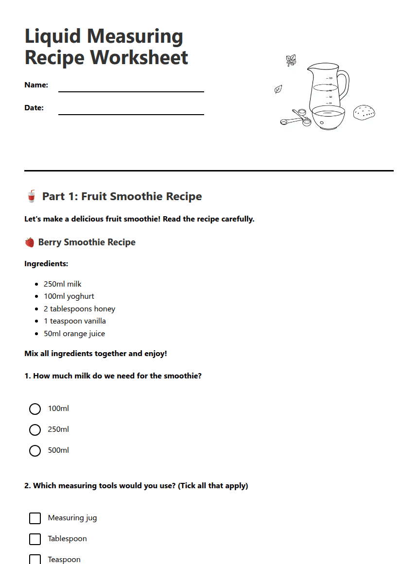 Liquid Measuring Recipe Worksheet worksheet preview
