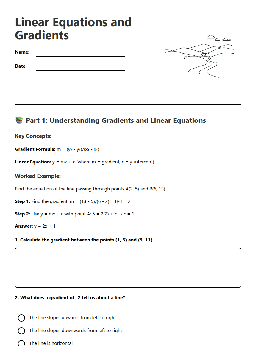 Linear Equations and Gradients worksheet preview