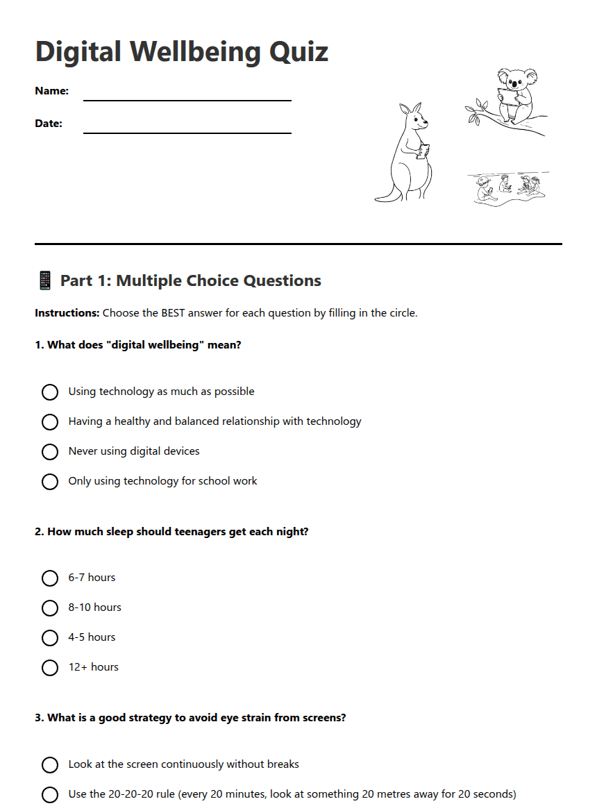 Digital Wellbeing Quiz worksheet preview