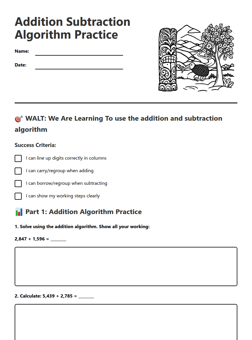 Addition Subtraction Algorithm Practice worksheet preview
