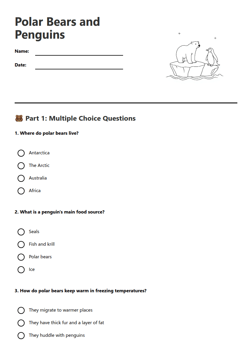 Polar Bears and Penguins worksheet preview