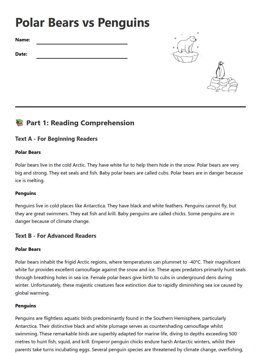 Polar Bears vs Penguins worksheet preview