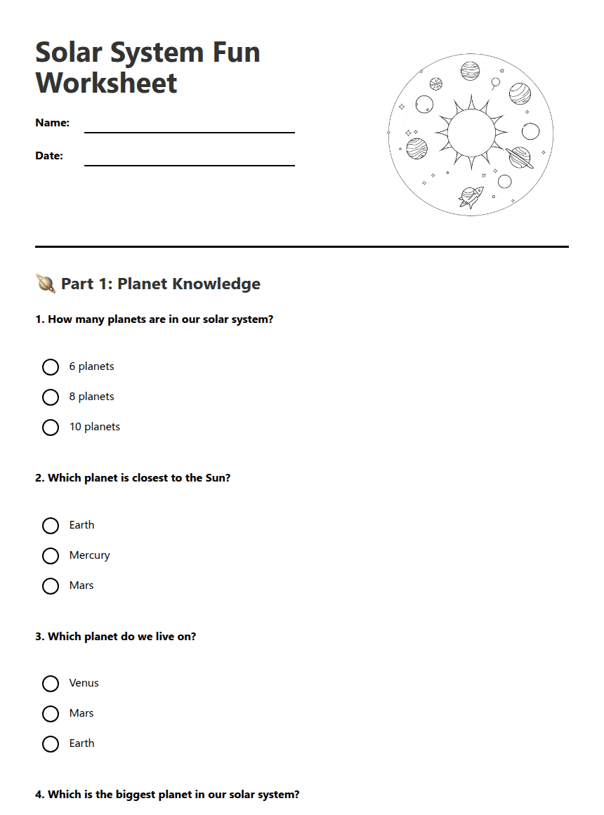 Solar System Fun Worksheet worksheet preview