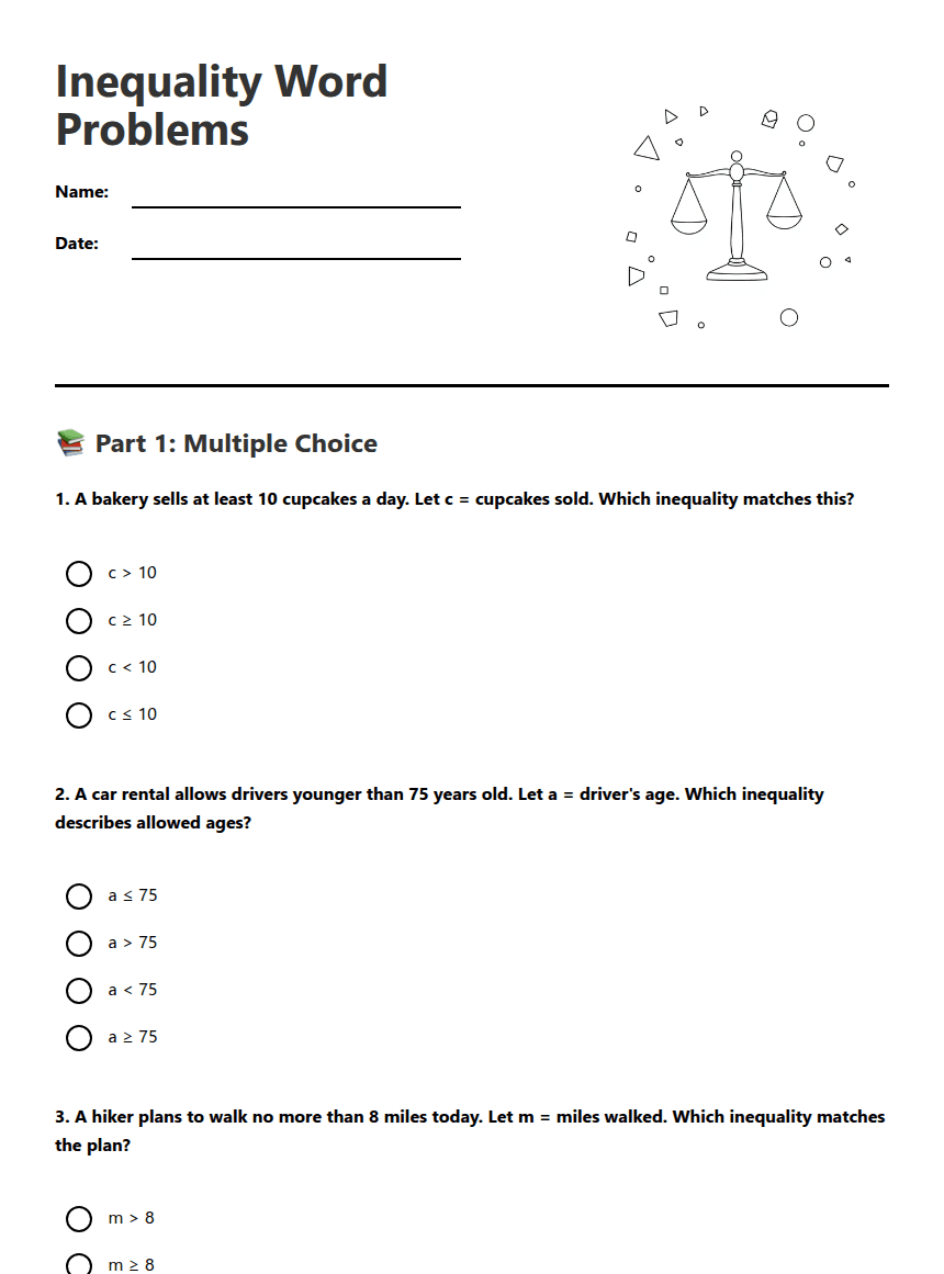 Inequality Word Problems worksheet preview