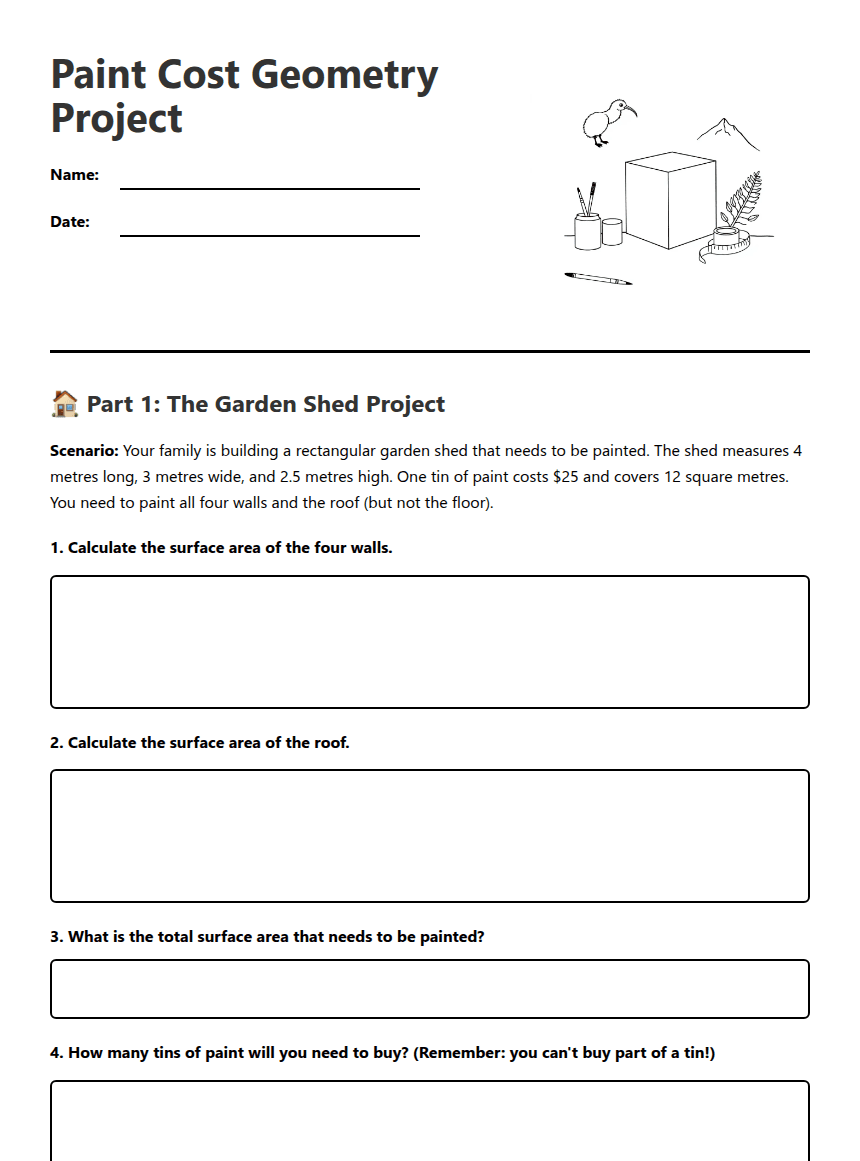 Paint Cost Geometry Project worksheet preview