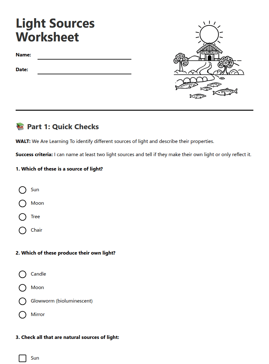 Light Sources Worksheet worksheet preview