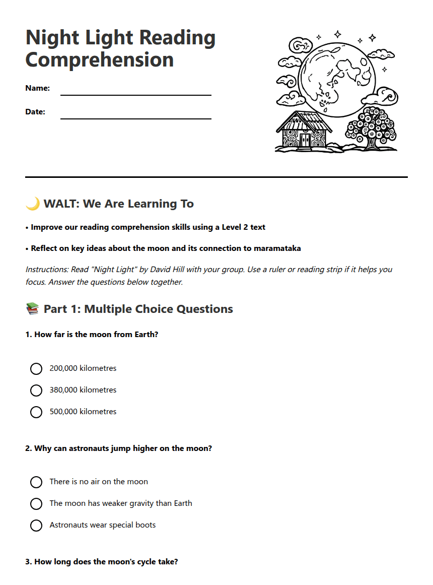 Night Light Reading Comprehension worksheet preview