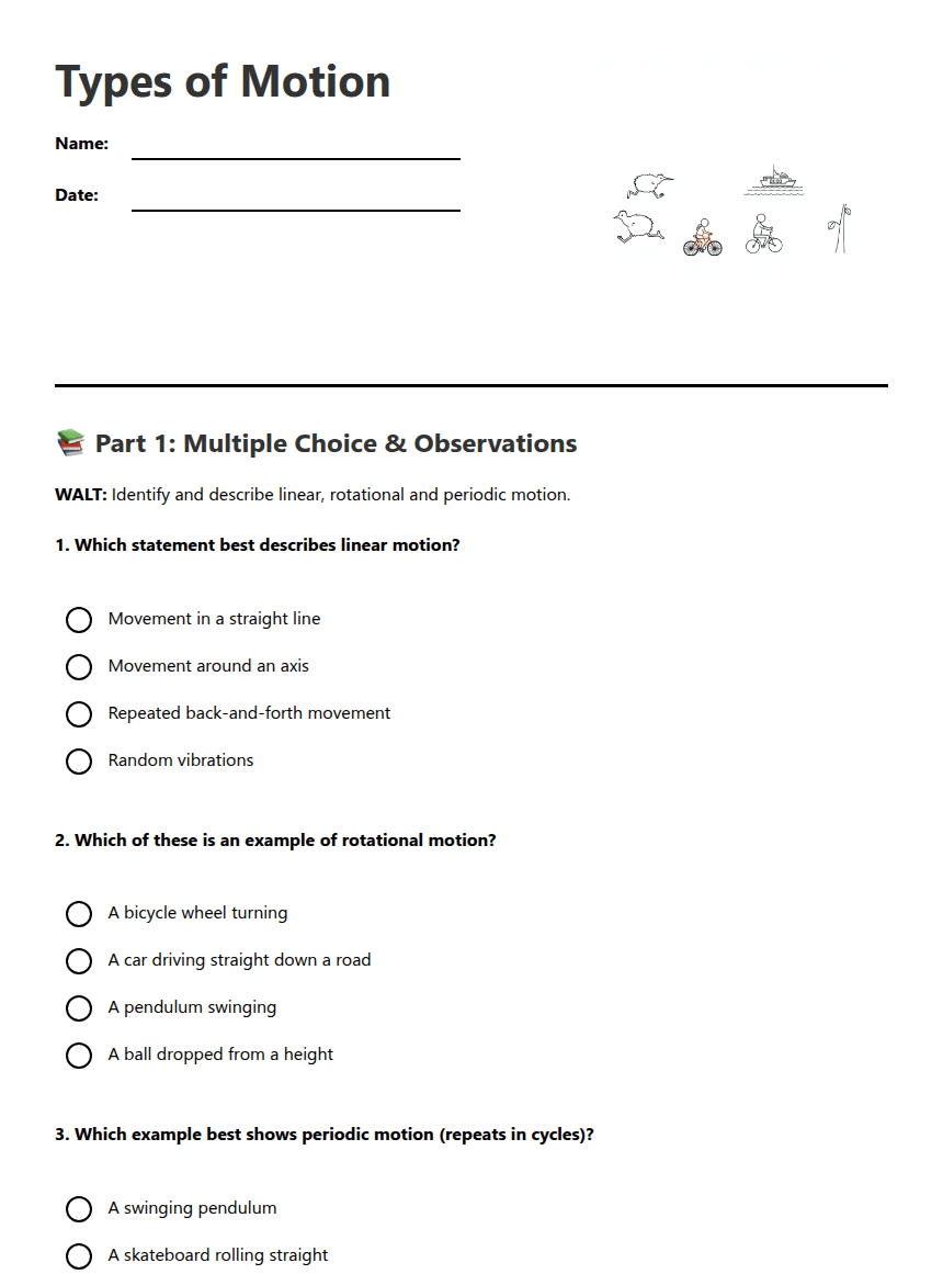 Types of Motion worksheet preview