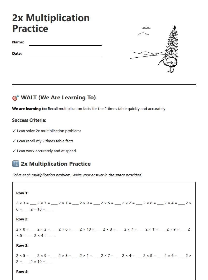2x Multiplication Practice worksheet preview