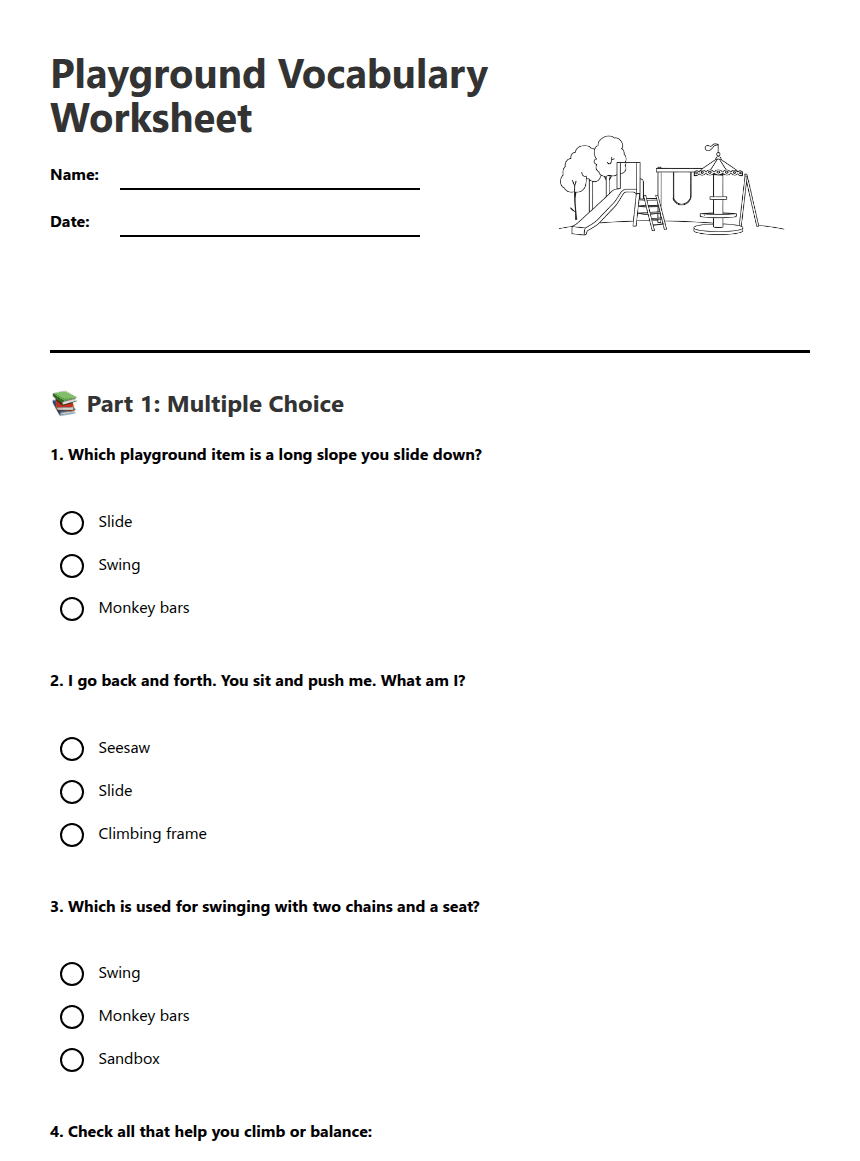 Playground Vocabulary Worksheet worksheet preview