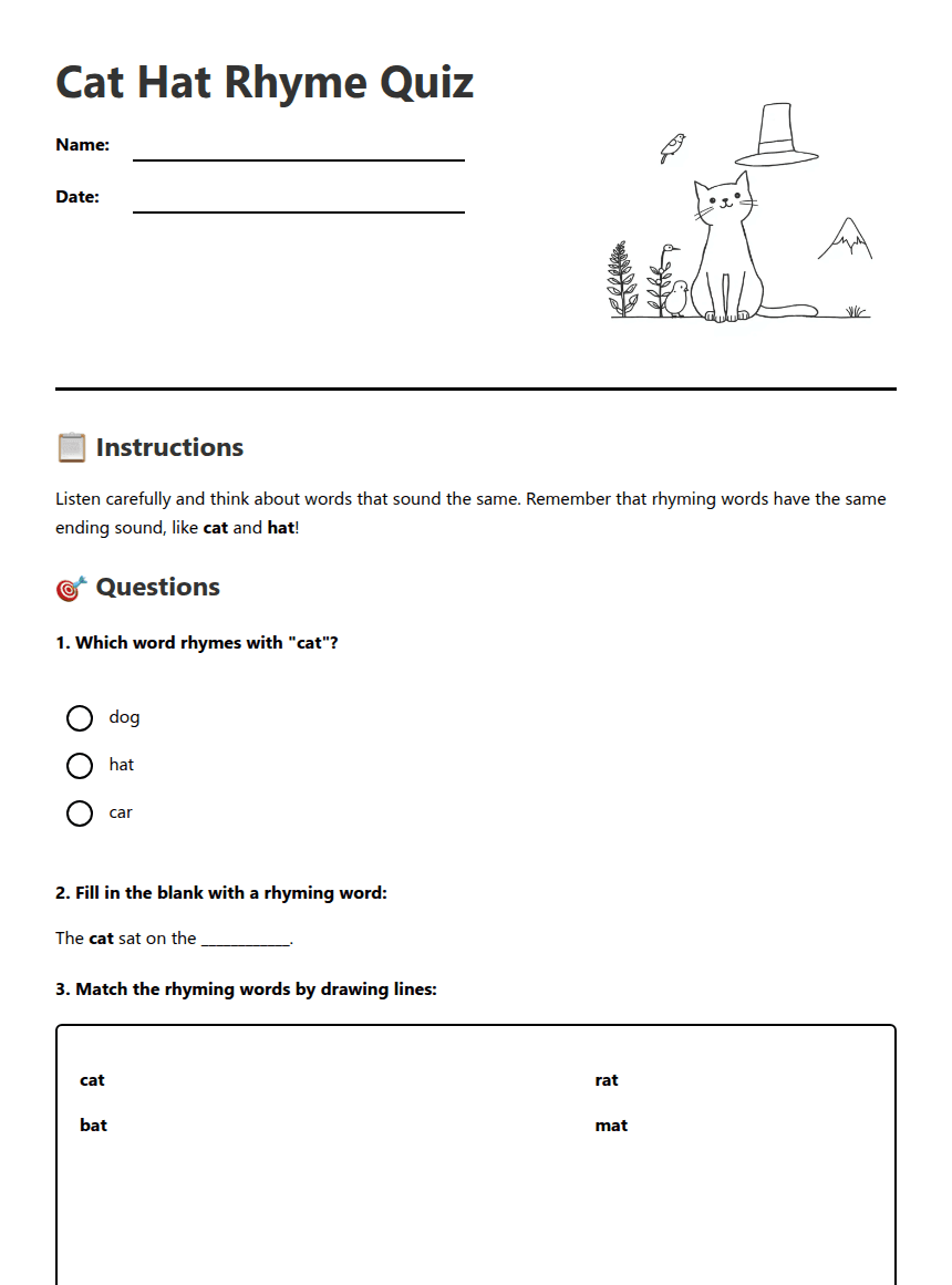 Cat Hat Rhyme Quiz worksheet preview