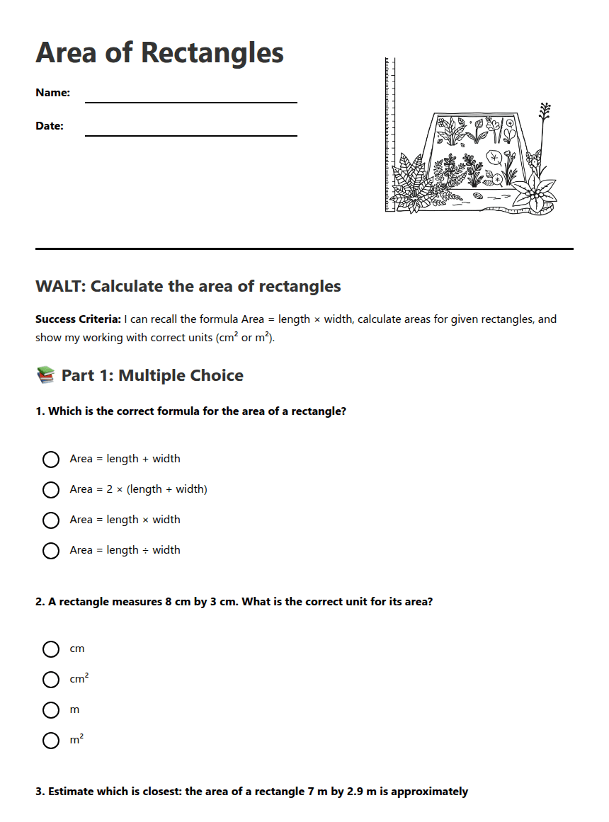 Area of Rectangles worksheet preview