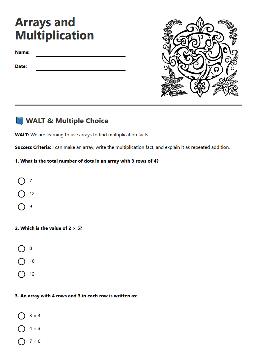 Arrays and Multiplication worksheet preview