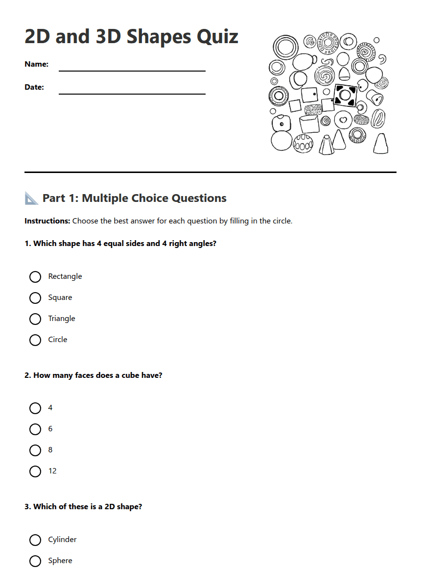 2D and 3D Shapes Quiz worksheet preview