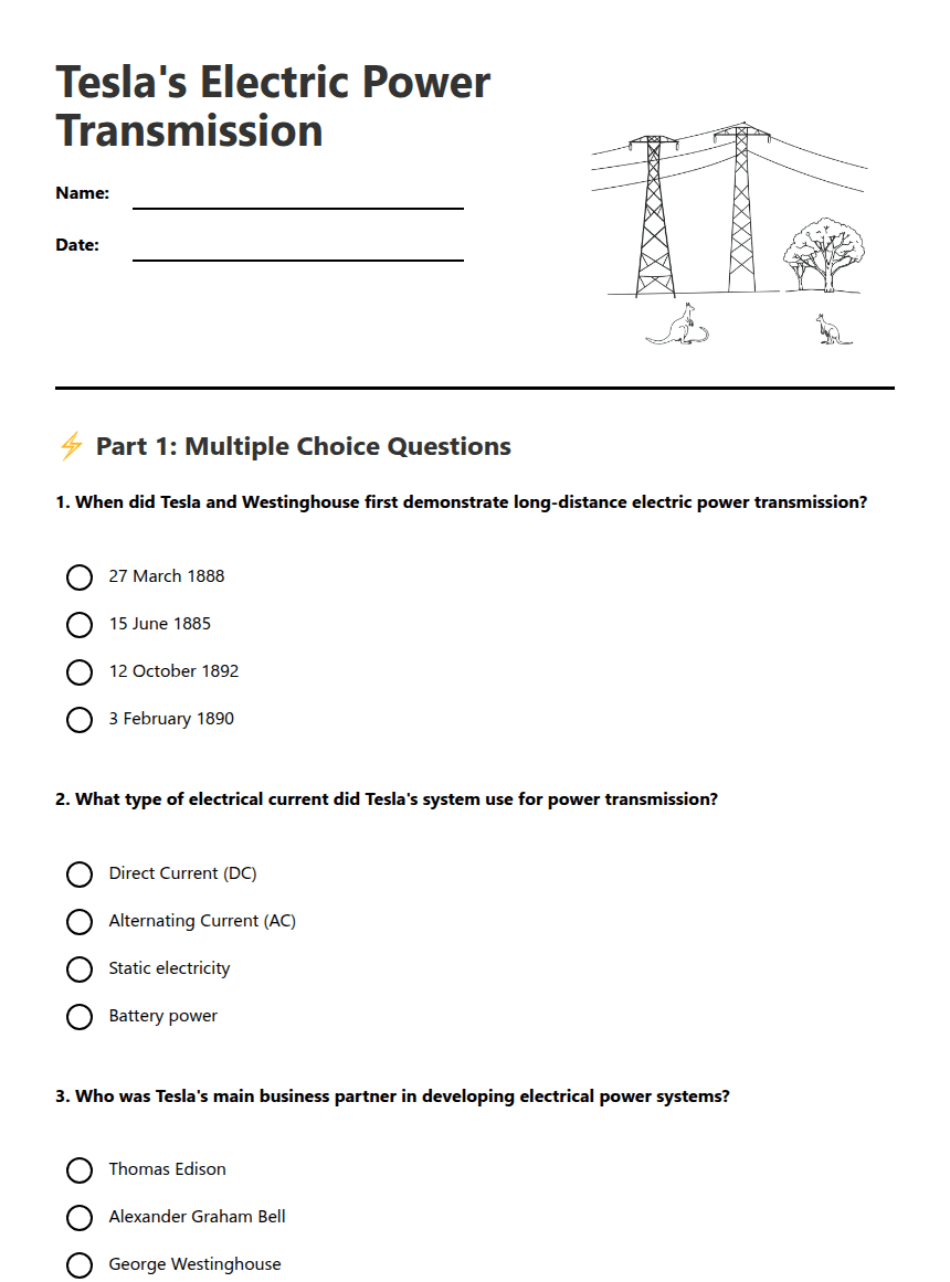 Tesla's Electric Power Transmission worksheet preview