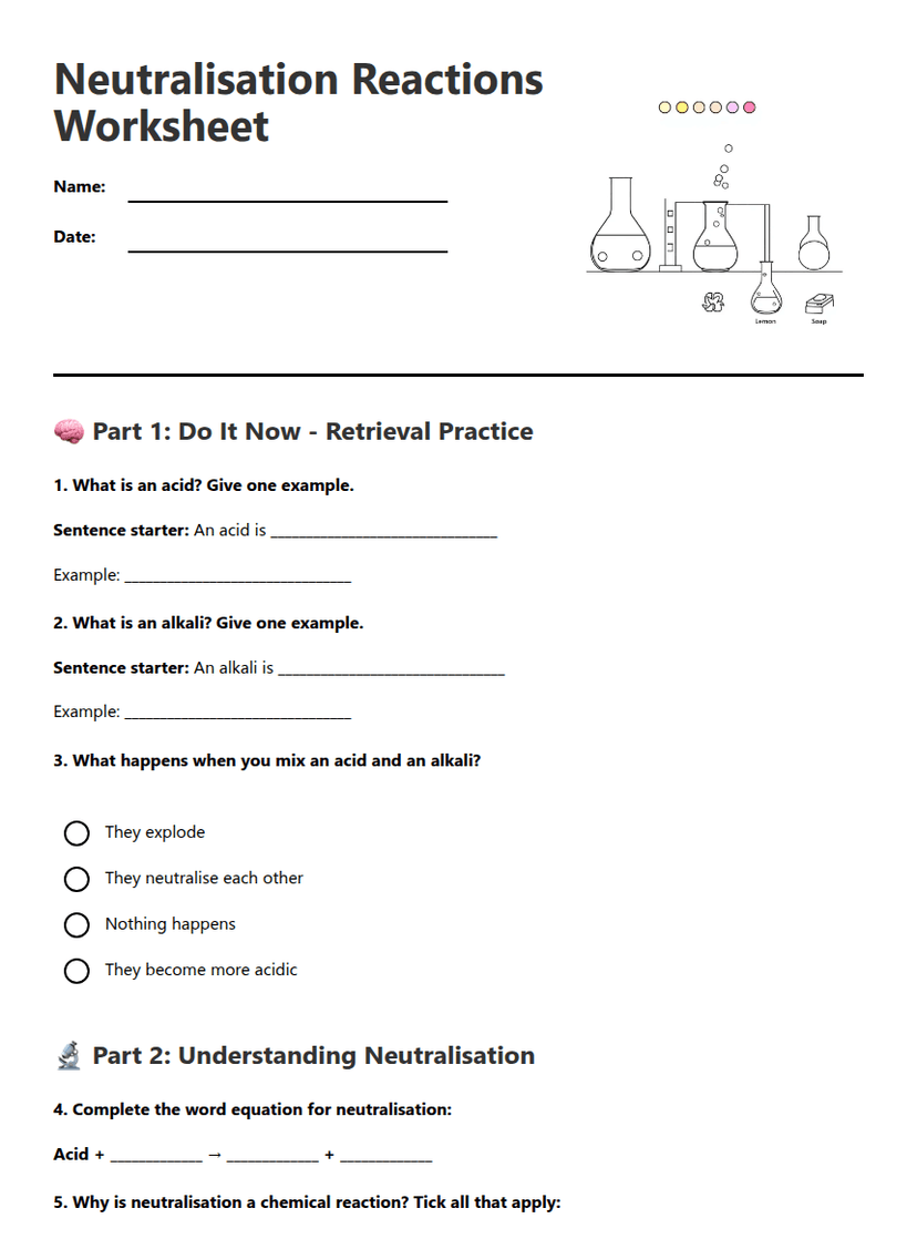 Neutralisation Reactions Worksheet