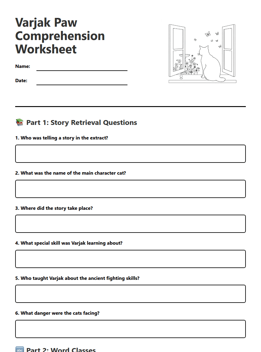 Varjak Paw Comprehension Worksheet worksheet preview