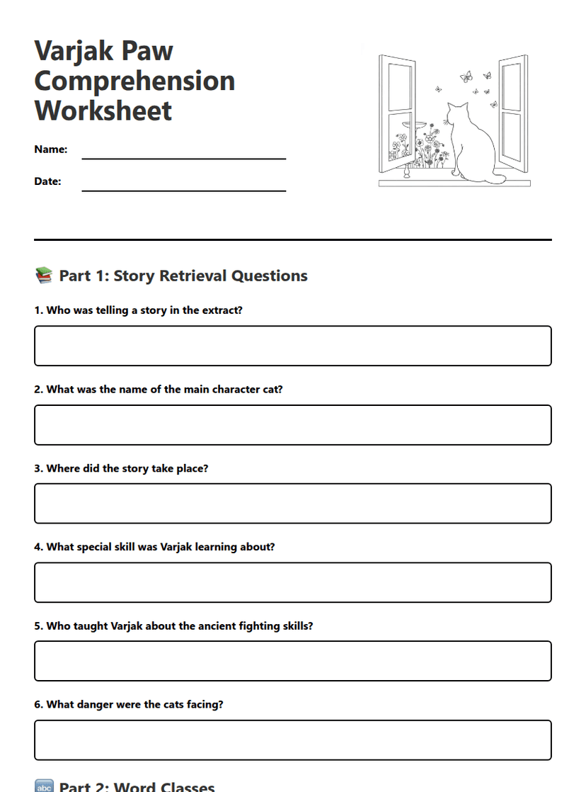 Varjak Paw Comprehension Worksheet