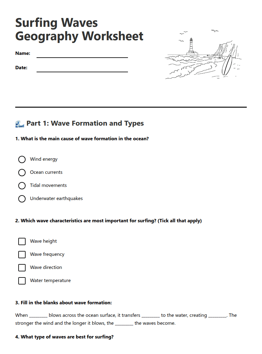 Surfing Waves Geography Worksheet worksheet preview