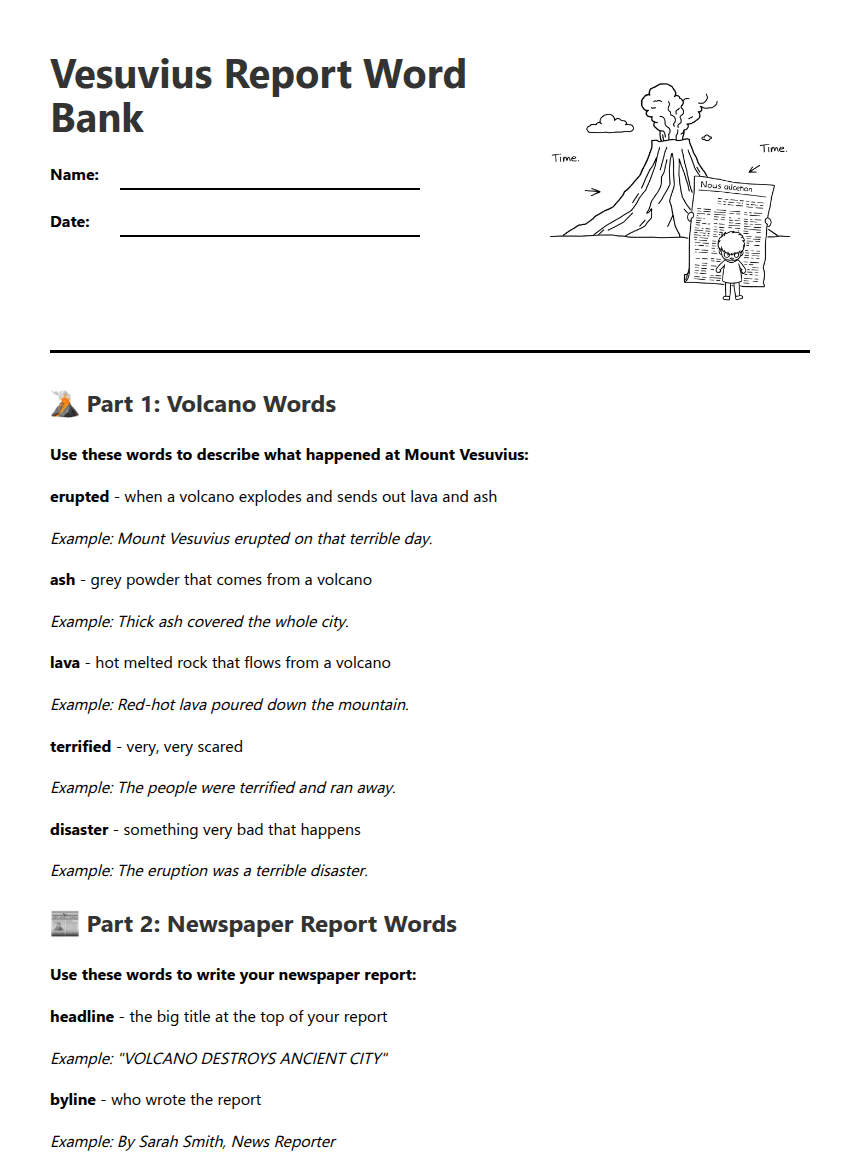 Vesuvius Report Word Bank worksheet preview