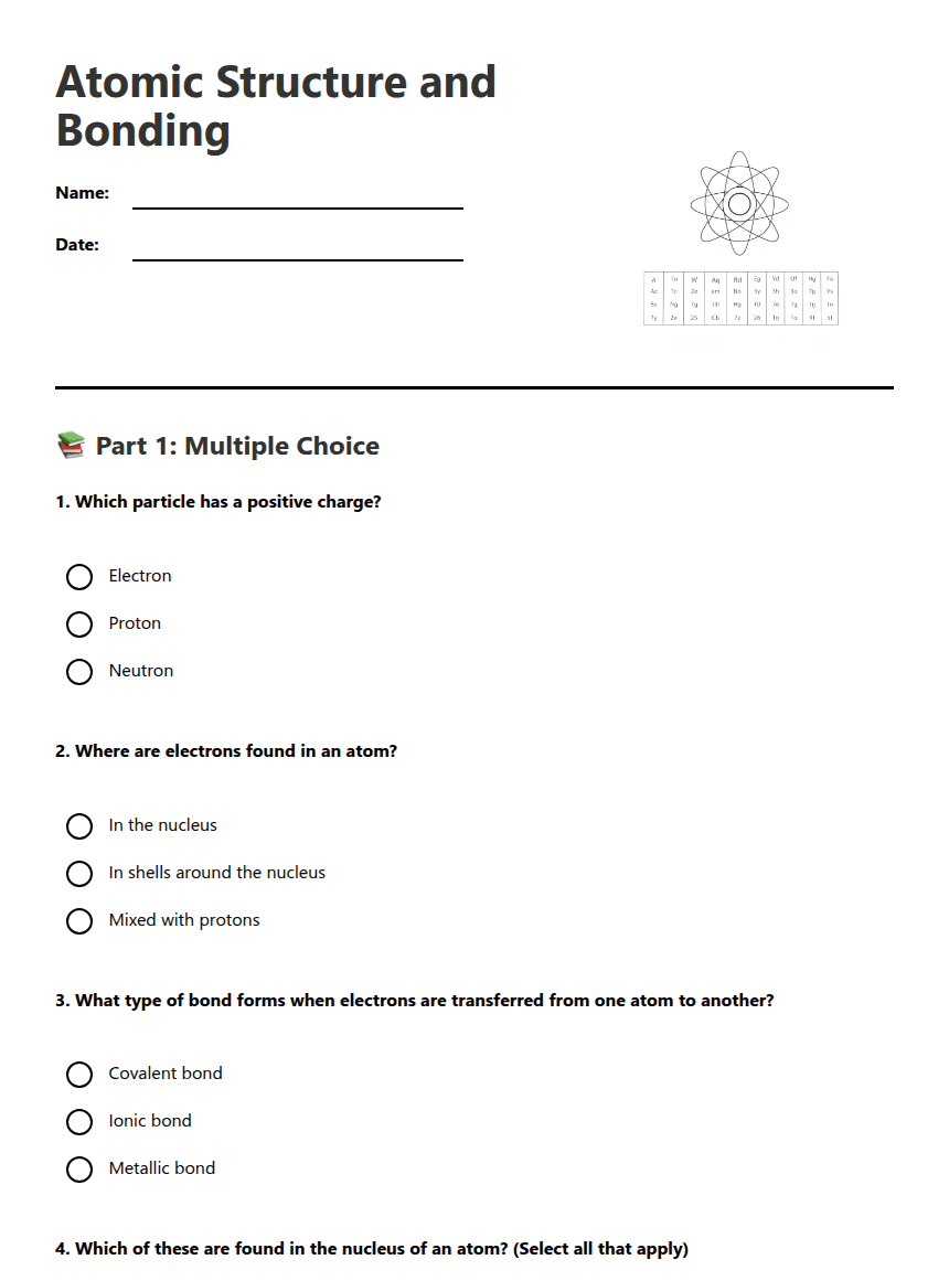 Atomic Structure and Bonding worksheet preview