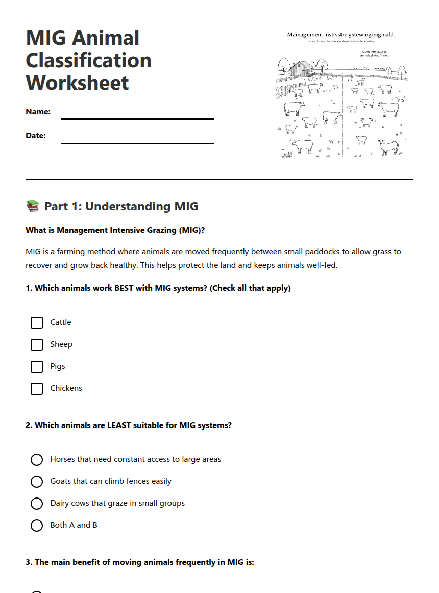 MIG Animal Classification Worksheet worksheet preview