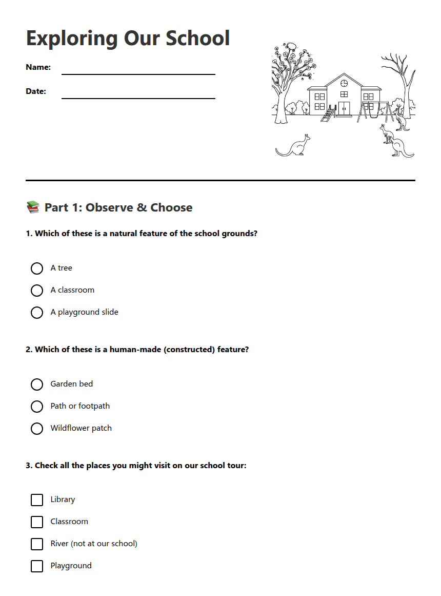 Exploring Our School worksheet preview