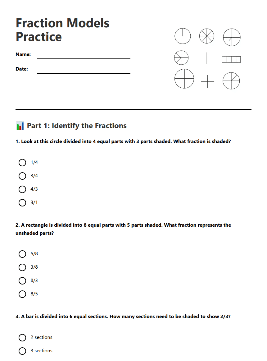 Fraction Models Practice worksheet preview
