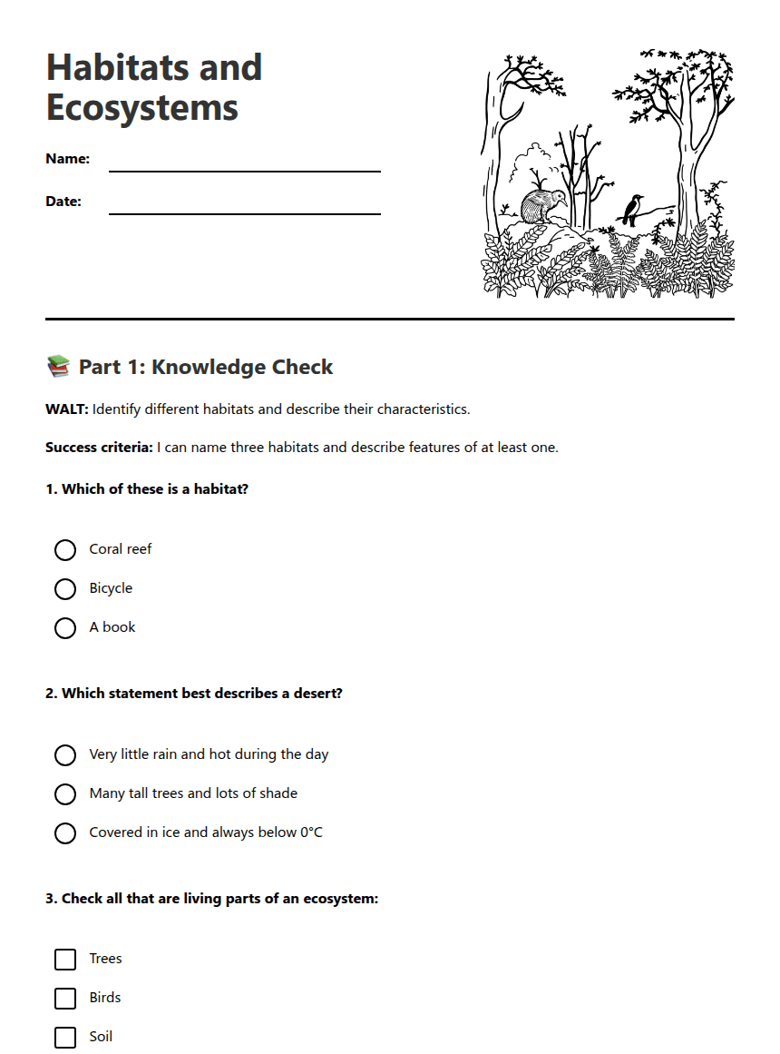 Habitats and Ecosystems worksheet preview