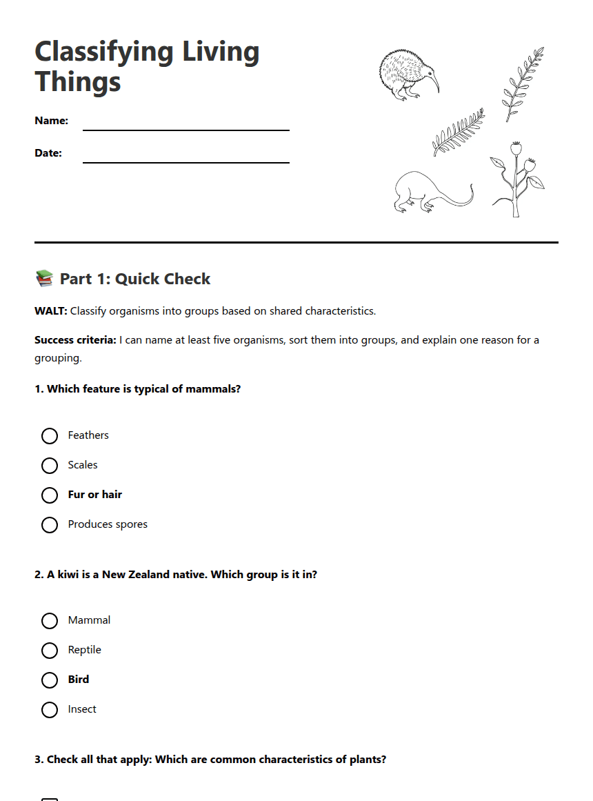 Classifying Living Things worksheet preview
