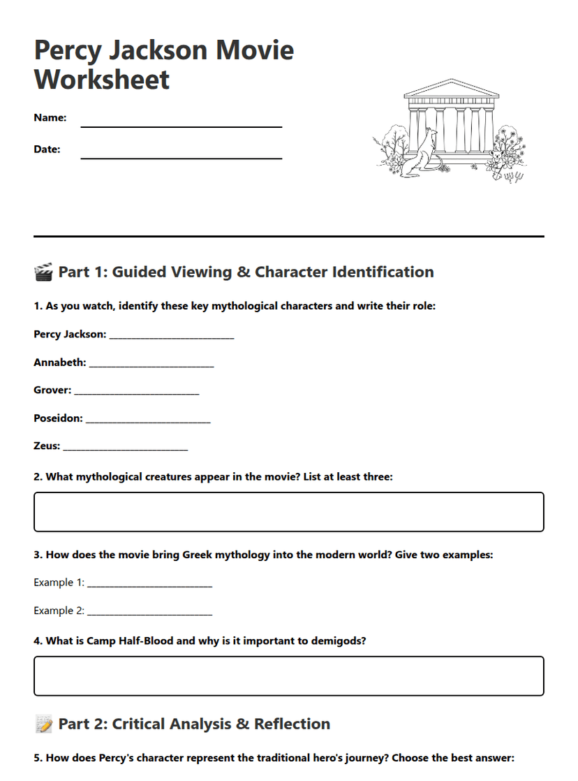 Percy Jackson Movie Worksheet