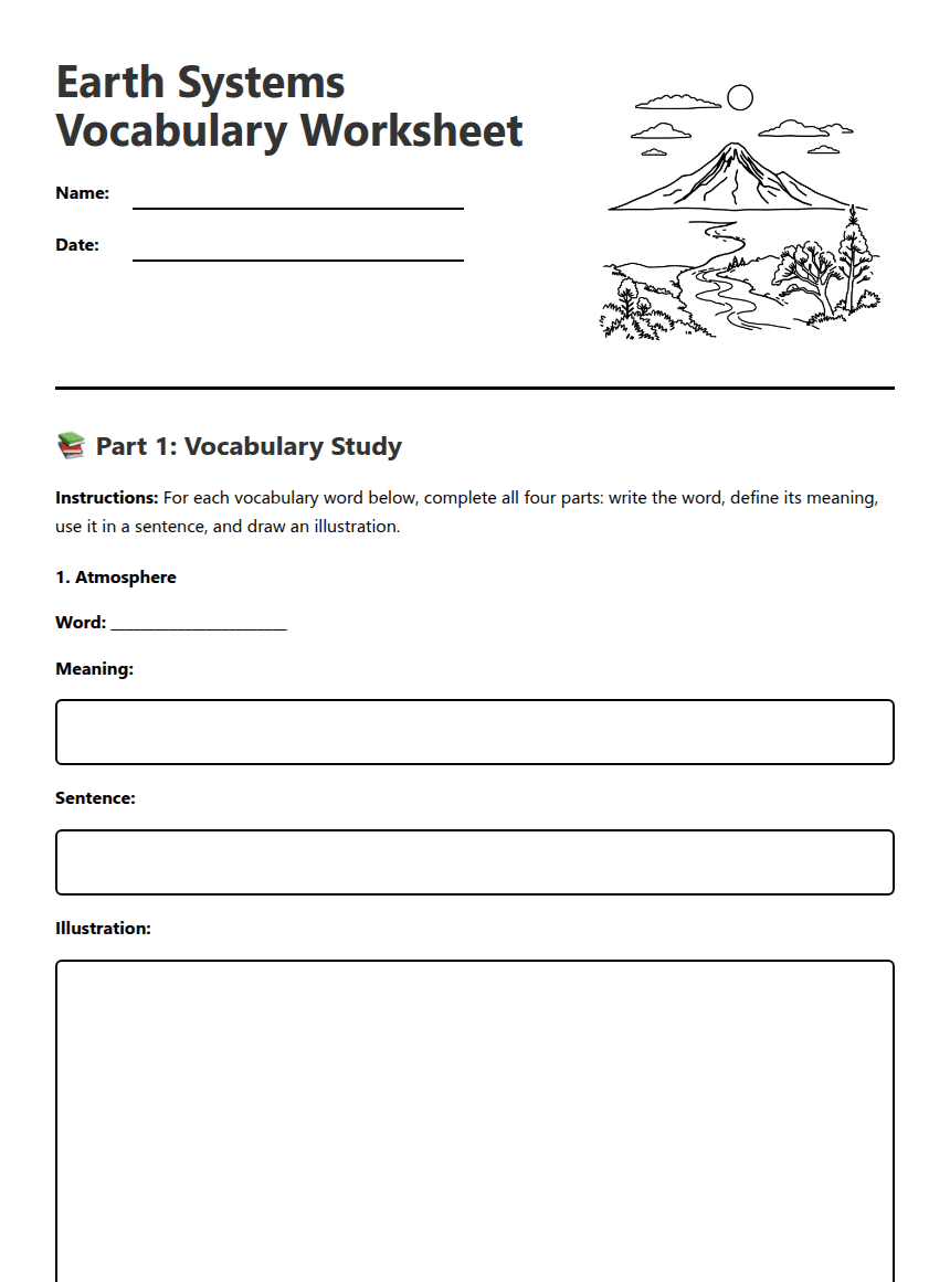 Earth Systems Vocabulary Worksheet worksheet preview
