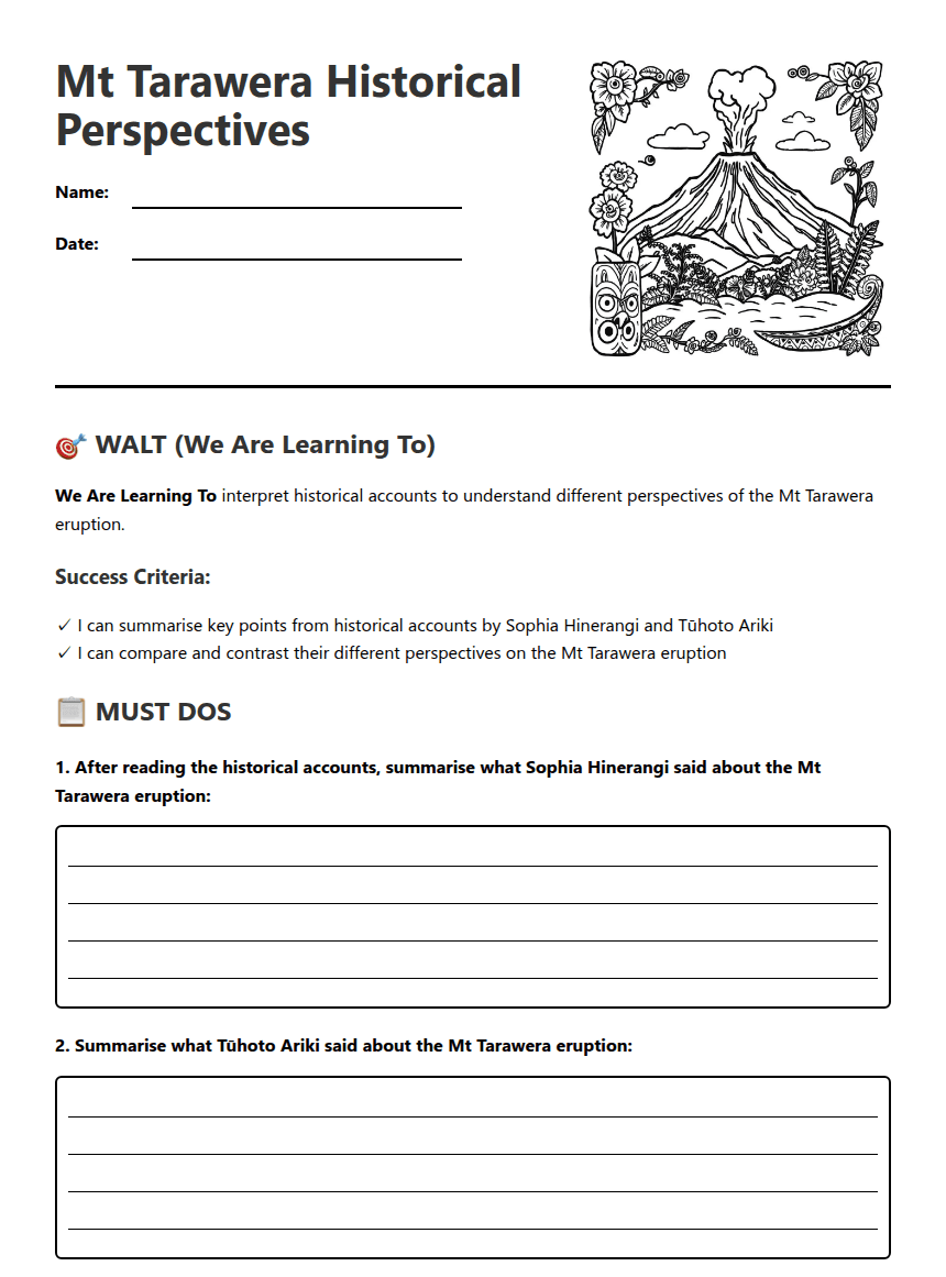 Mt Tarawera Historical Perspectives worksheet preview
