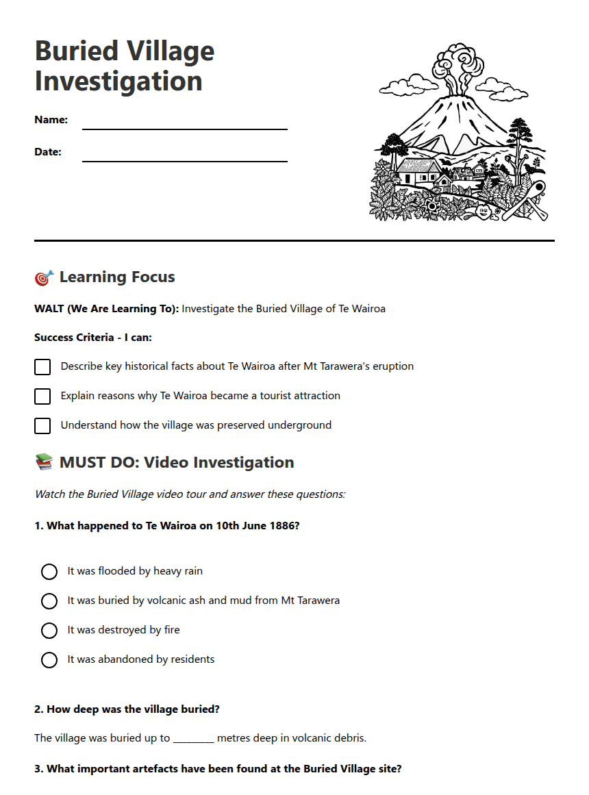 Buried Village Investigation worksheet preview