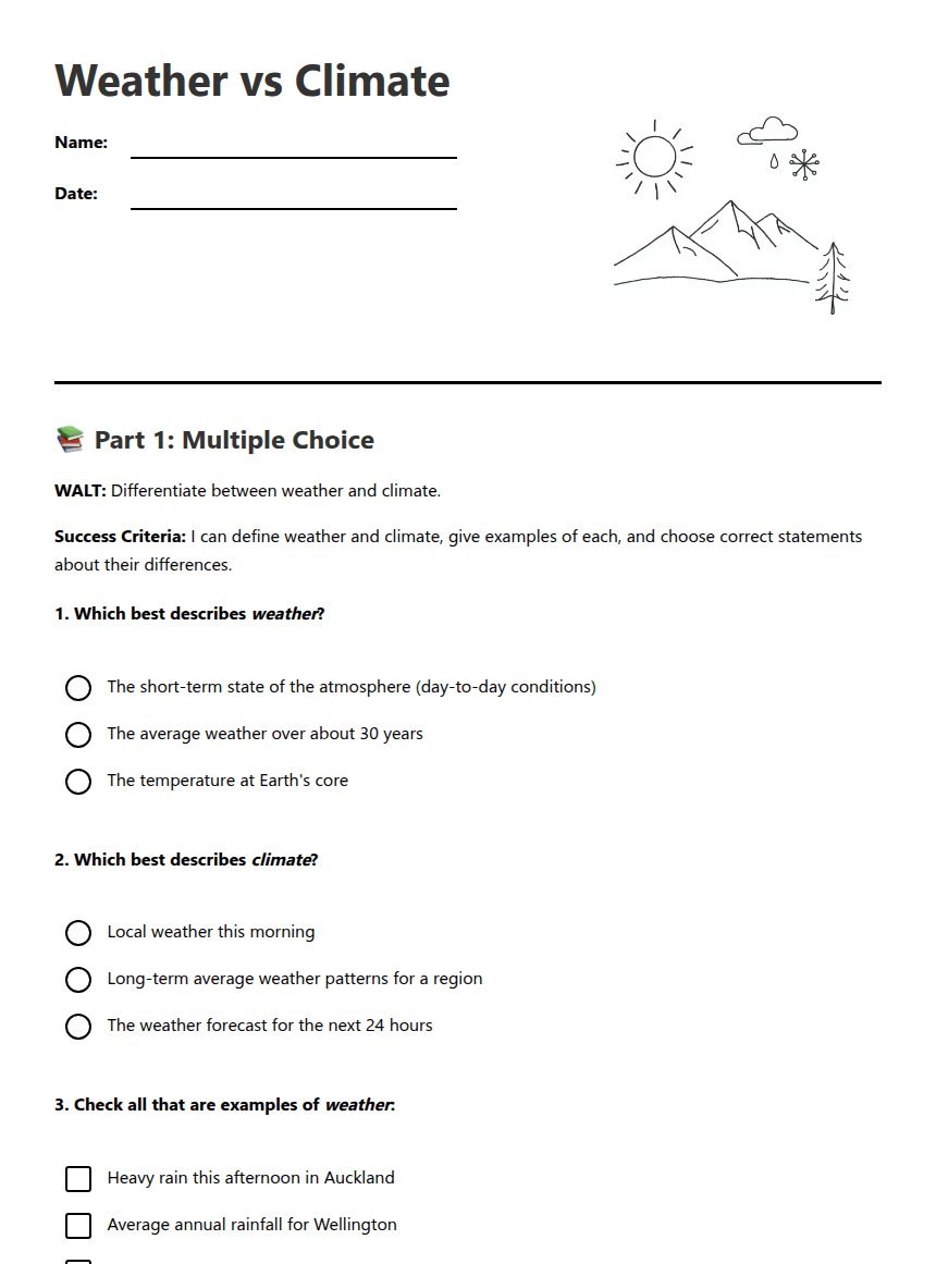 Weather vs Climate worksheet preview