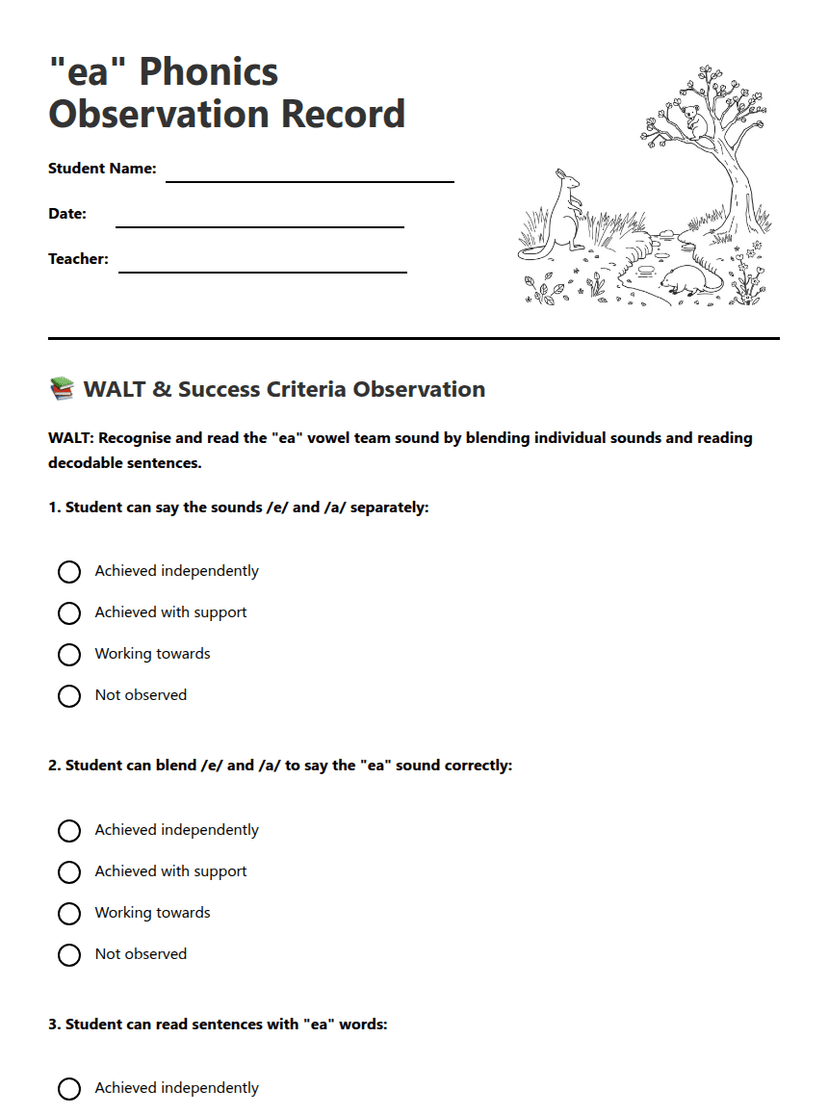 "ea" Phonics Observation Record