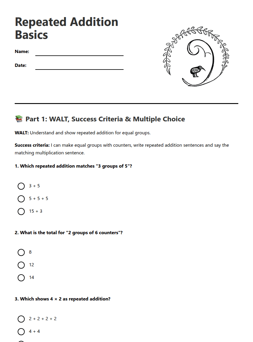 Repeated Addition Basics worksheet preview