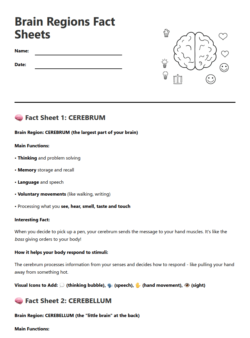Brain Regions Fact Sheets worksheet preview