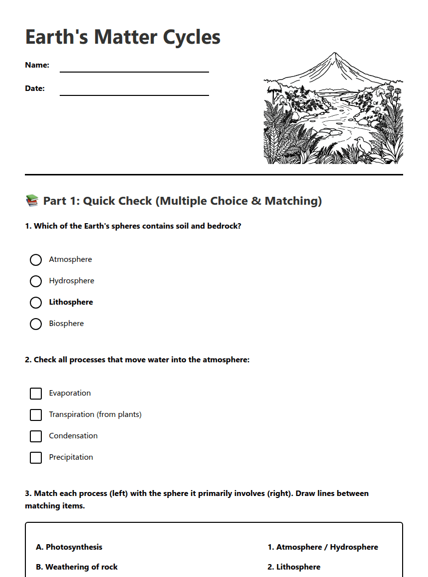Earth's Matter Cycles worksheet preview