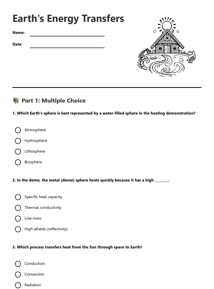 Earth's Energy Transfers worksheet preview
