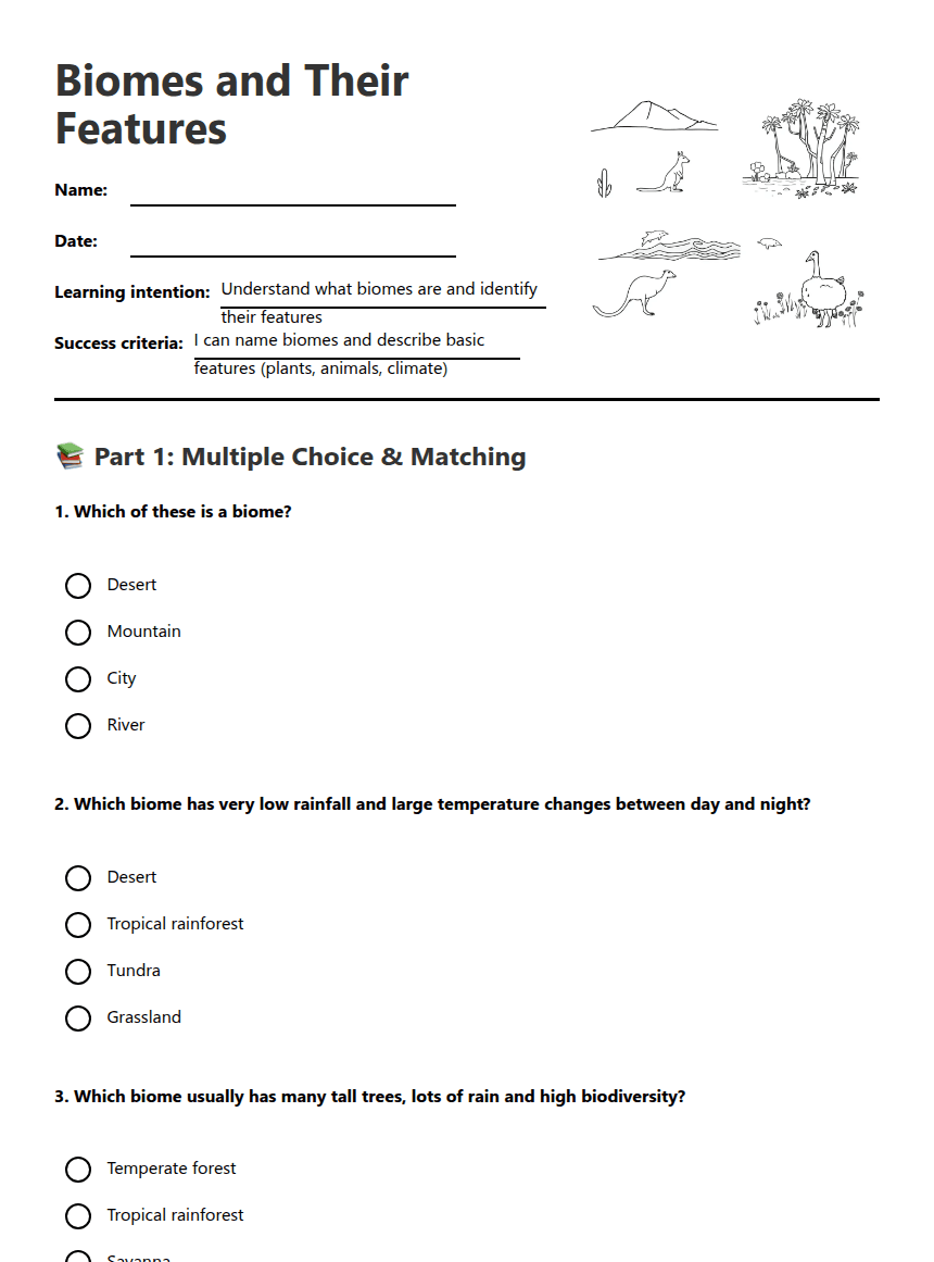 Biomes and Their Features worksheet preview