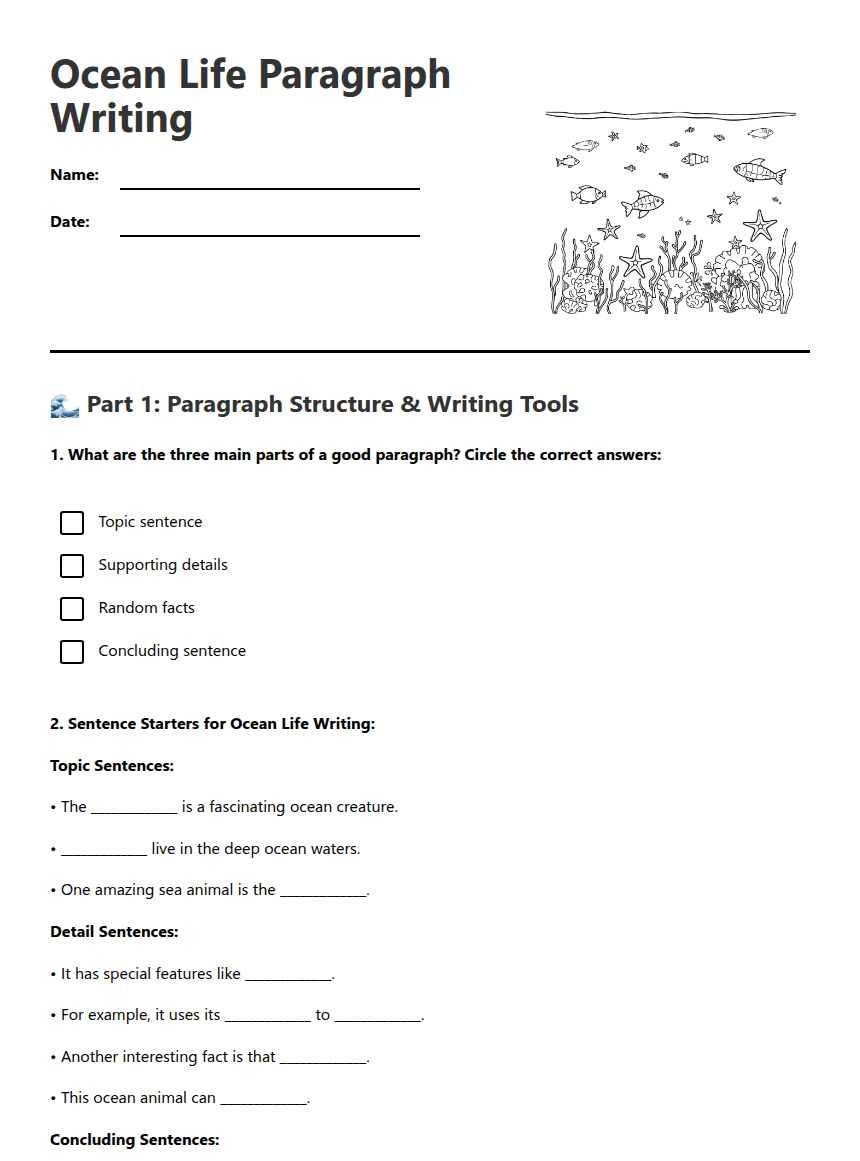 Ocean Life Paragraph Writing worksheet preview