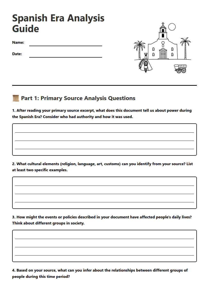 Spanish Era Analysis Guide worksheet preview