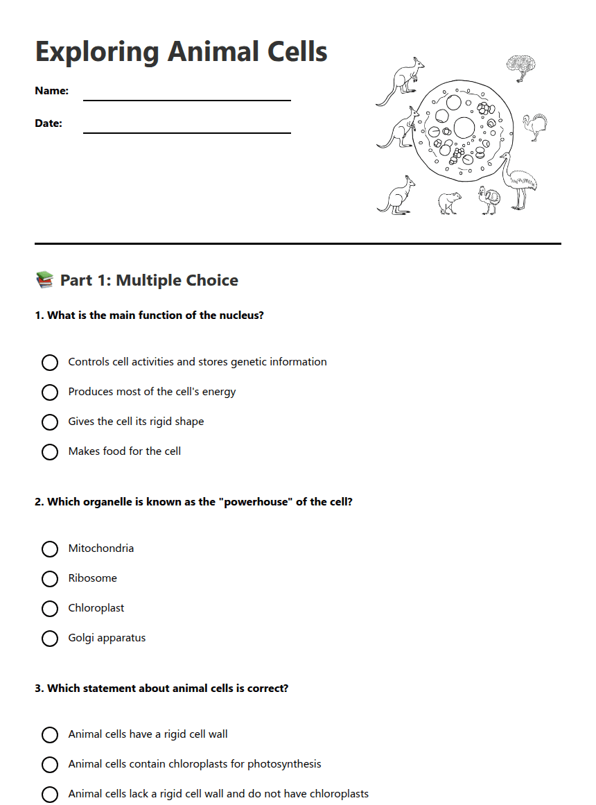 Exploring Animal Cells worksheet preview